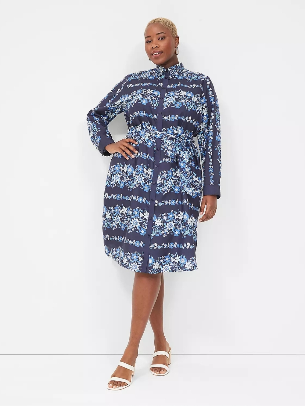 LANE BRYANT Blue Floral Long-Sleeve Belted Midi Shirt Dress Lightweight Size 14
